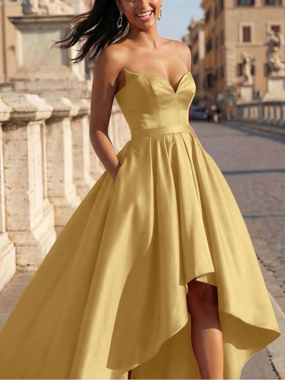 All The Drama! Strapless Gold Satin High-Low Evening Dress
